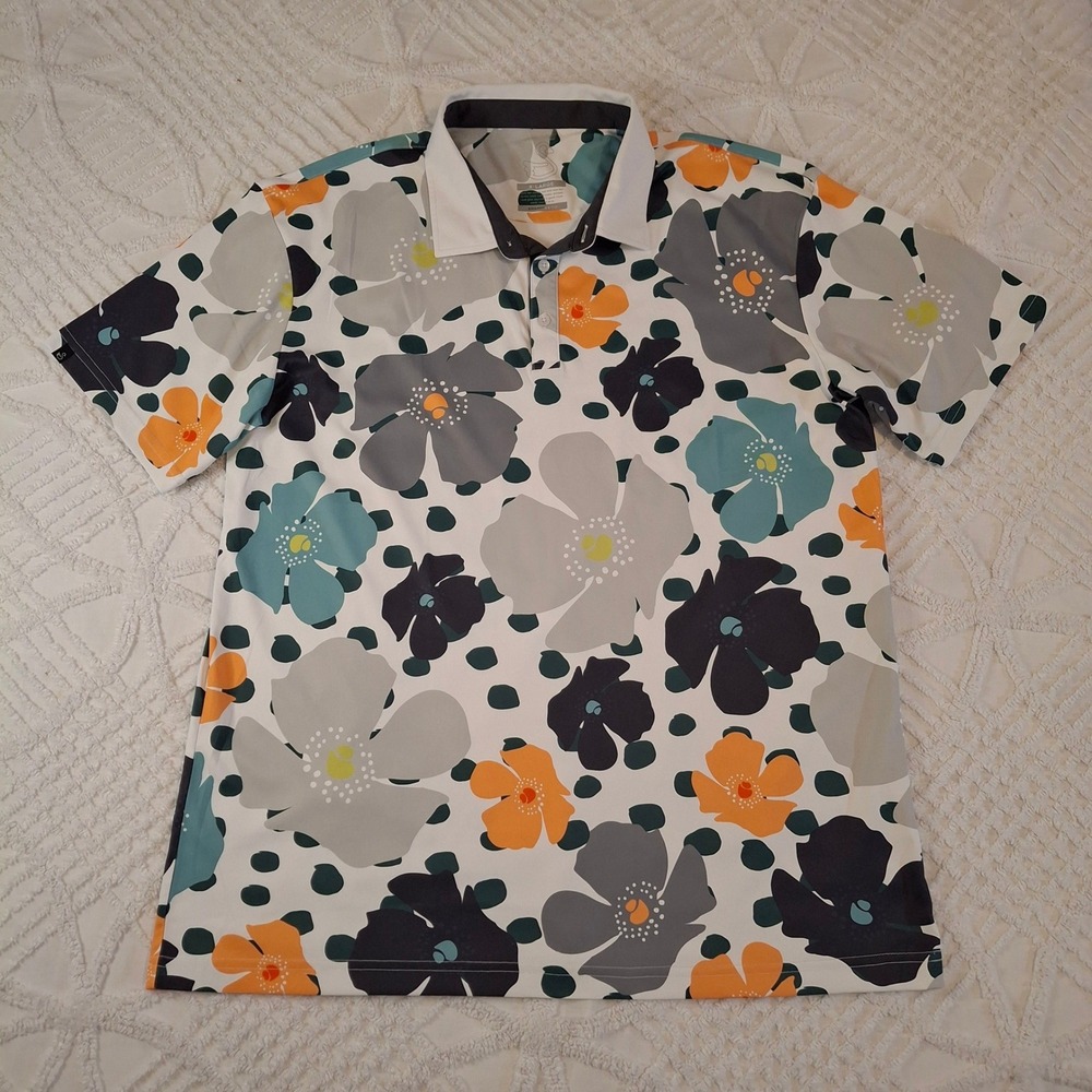 Swannies Mens XL Golf Polo White Floral Performance Short Sleeve 3-Button Shirt